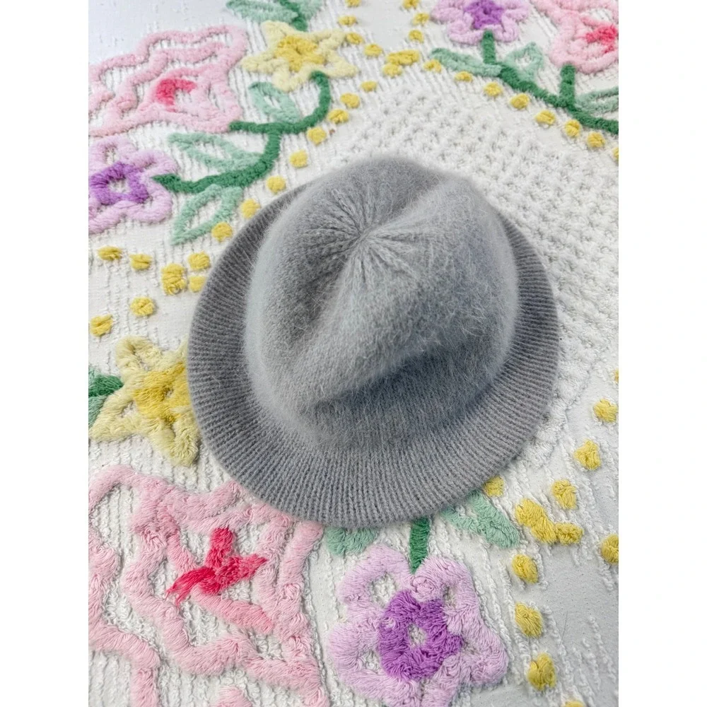 Angora‎ Blend Beanie Hat Grey Soft Warm Cozy Winter One Size